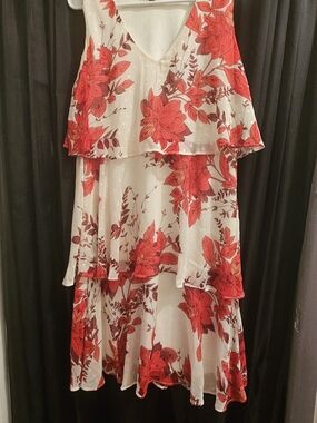Sleeveless Midi Dress with Red Floral Print on Cream